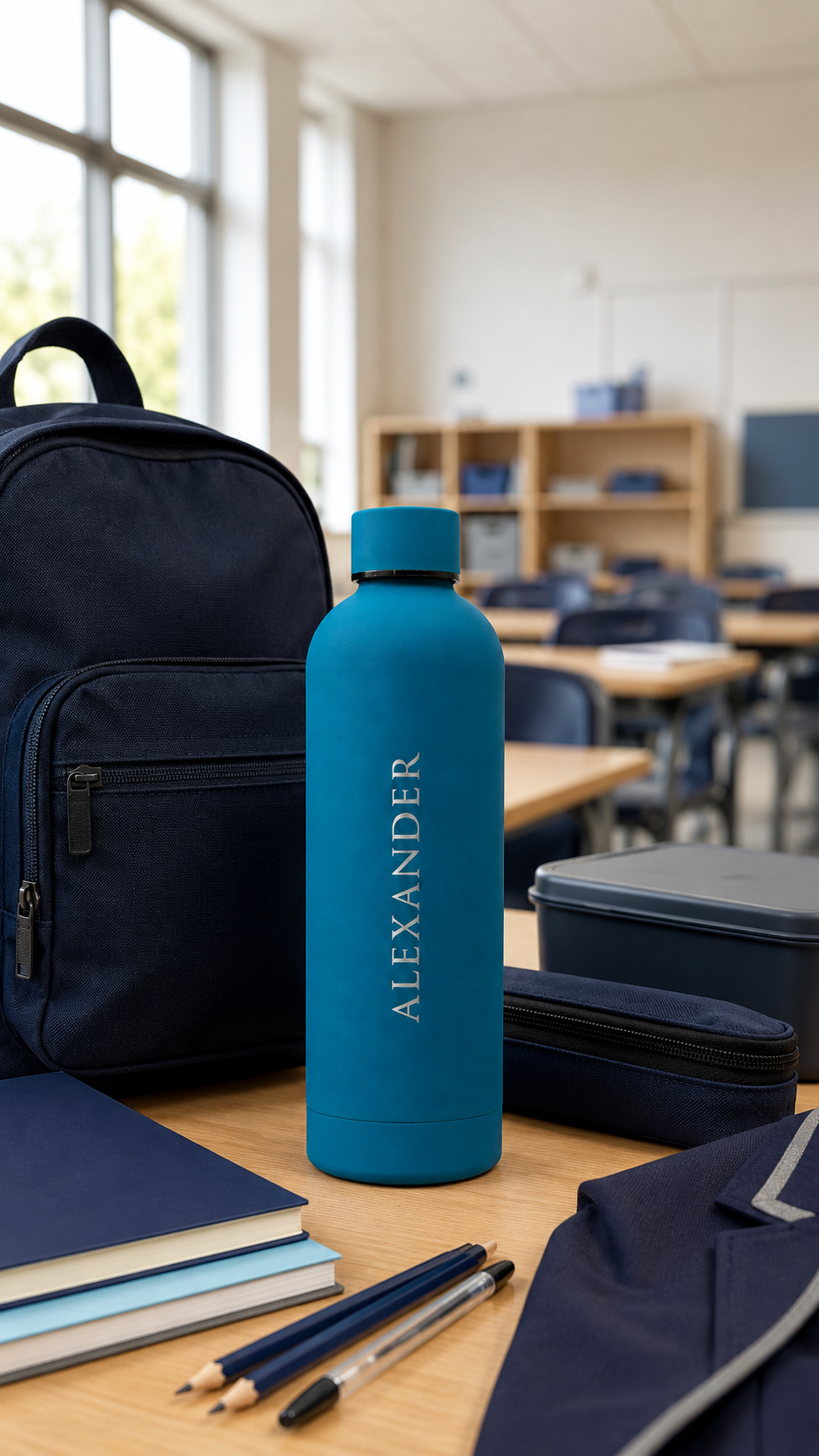 Aqua personalised stainless steel water bottle engraved “Alexander” on a school classroom desk with backpack and stationery.