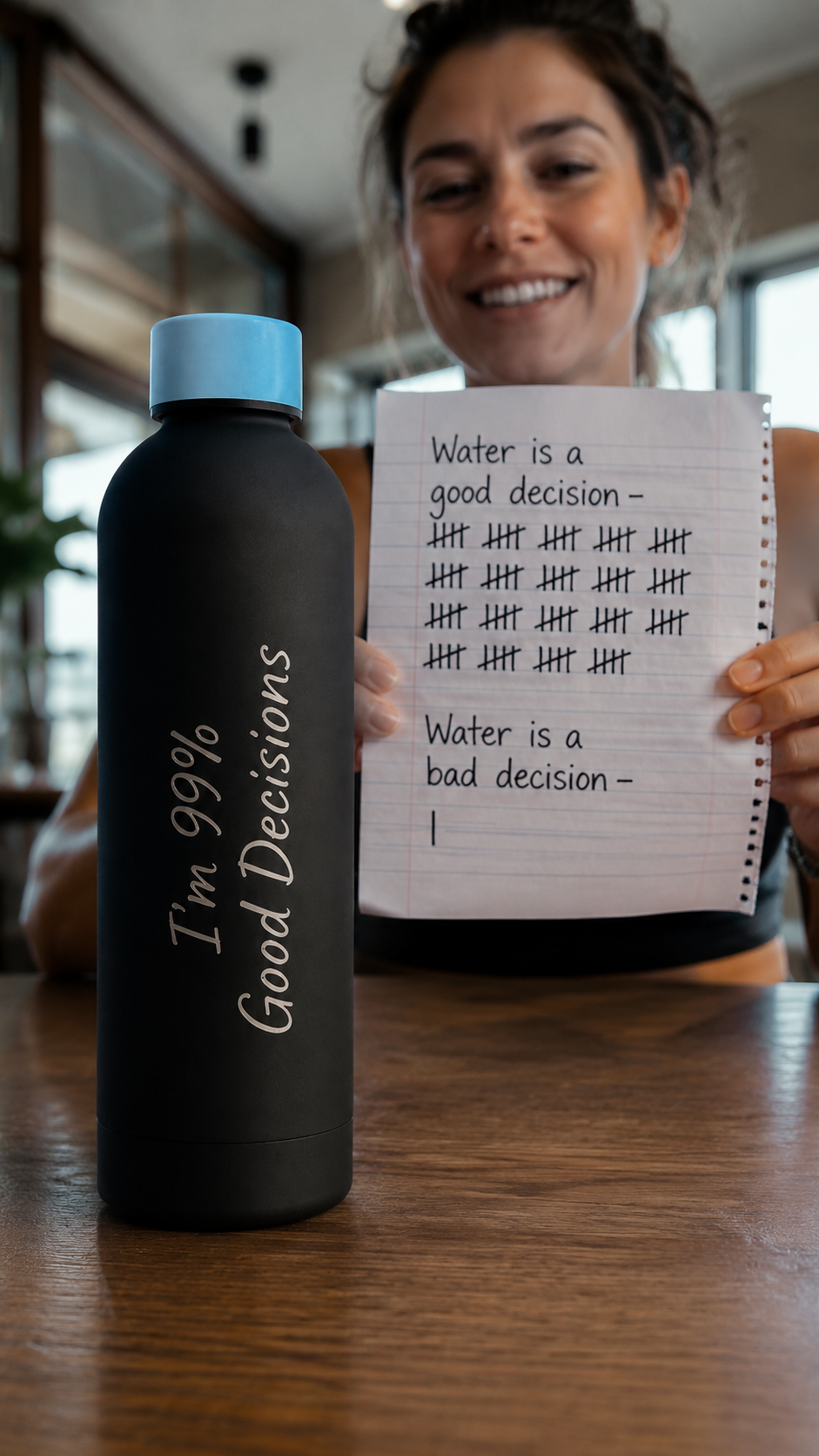 Black personalised stainless steel water bottle with blue lid engraved “I’m 99% Good Decisions,” beside a woman holding a hydration tally chart.