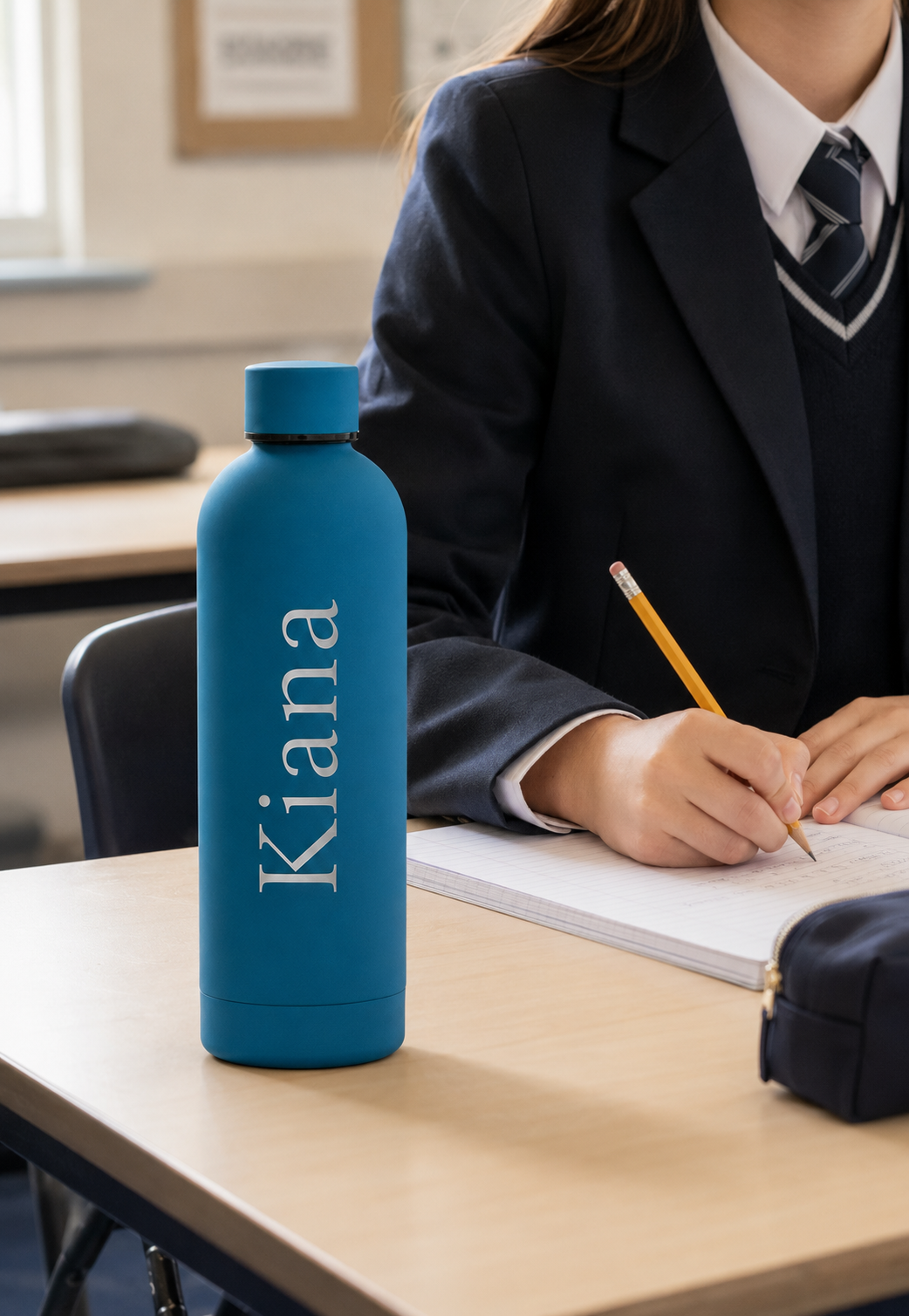 Blue personalised stainless steel water bottle engraved “Kiana” on a classroom desk beside a schoolgirl writing.