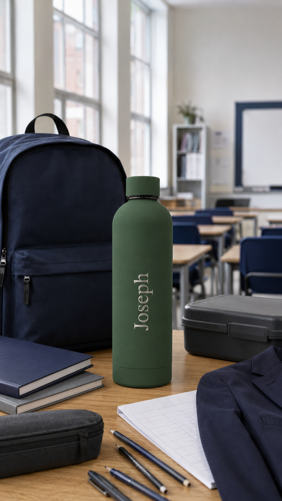 Forest green personalised stainless steel water bottle engraved “Joseph” on a school classroom desk with backpack and stationery.