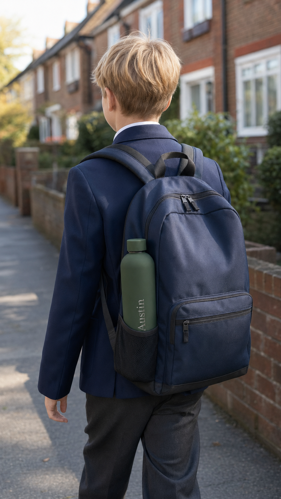 Forest green personalised stainless steel water bottle engraved “Austin” in a schoolboy’s navy backpack pocket.