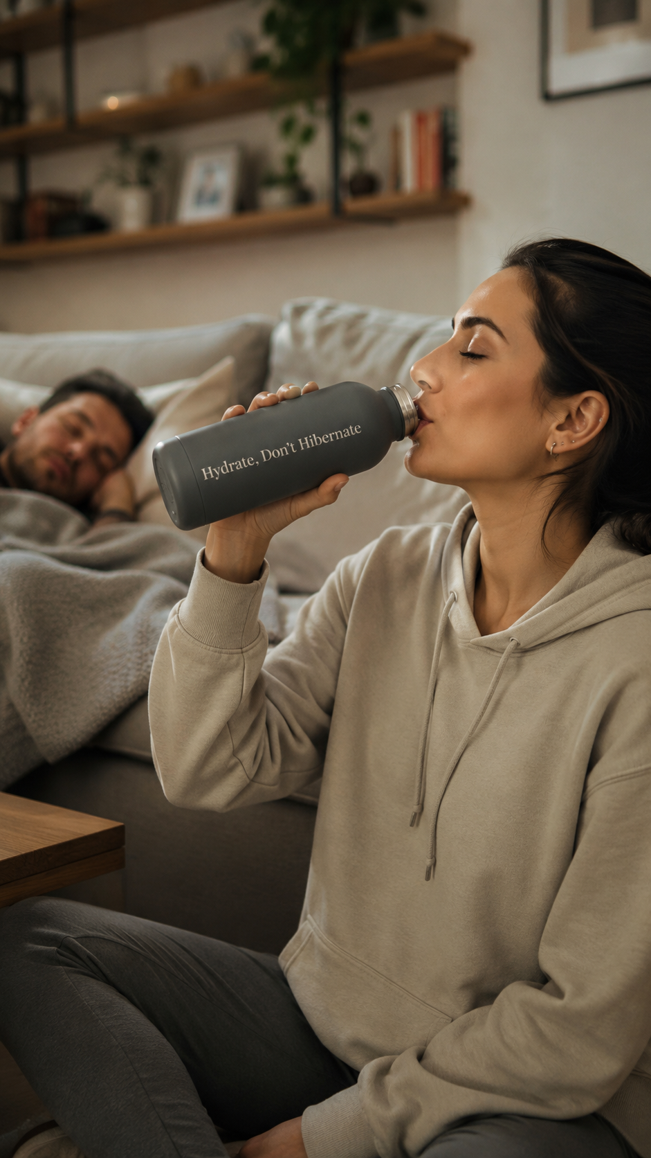 Grey personalised stainless steel water bottle engraved “Hydrate, Don’t Hibernate” used at home beside a sleeping partner.
