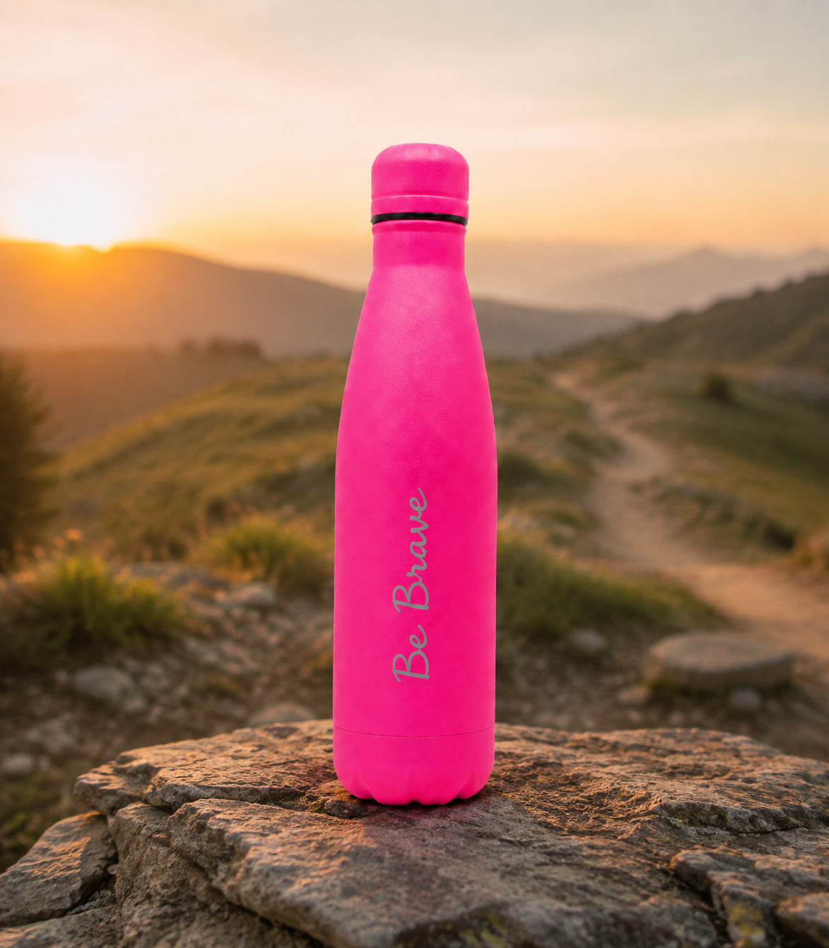 Hot pink personalised stainless steel cola-shaped water bottle engraved “Be Brave” on a rocky mountain trail at sunset.