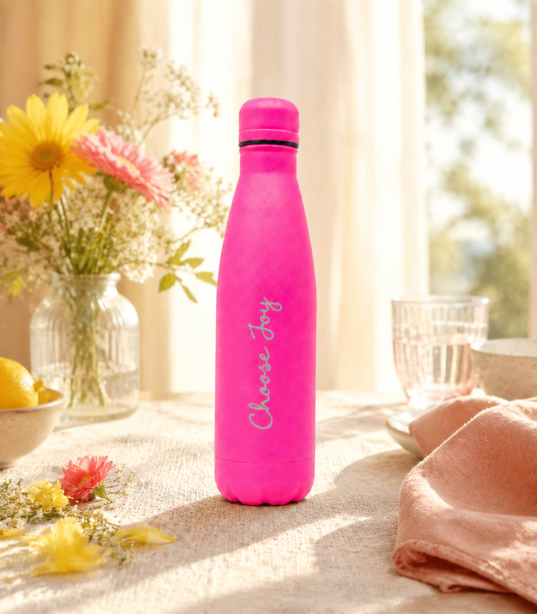 Hot pink personalised stainless steel cola-shaped water bottle engraved “Choose Joy” on a sunlit table with fresh flowers, lemons and a glass of water.