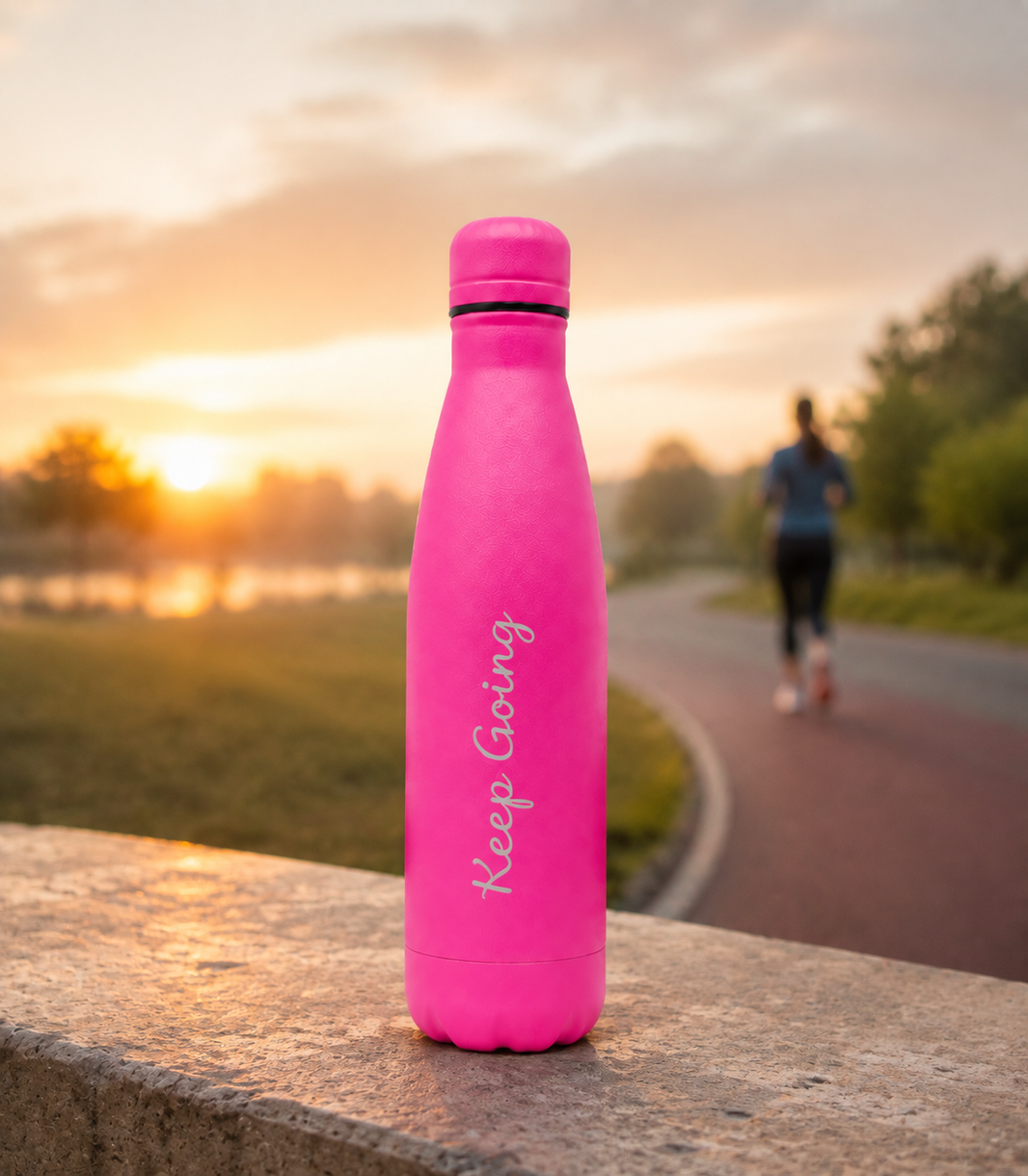 Hot pink personalised stainless steel cola-shaped water bottle engraved “Keep Going” beside a sunset running path with a jogger in the background.