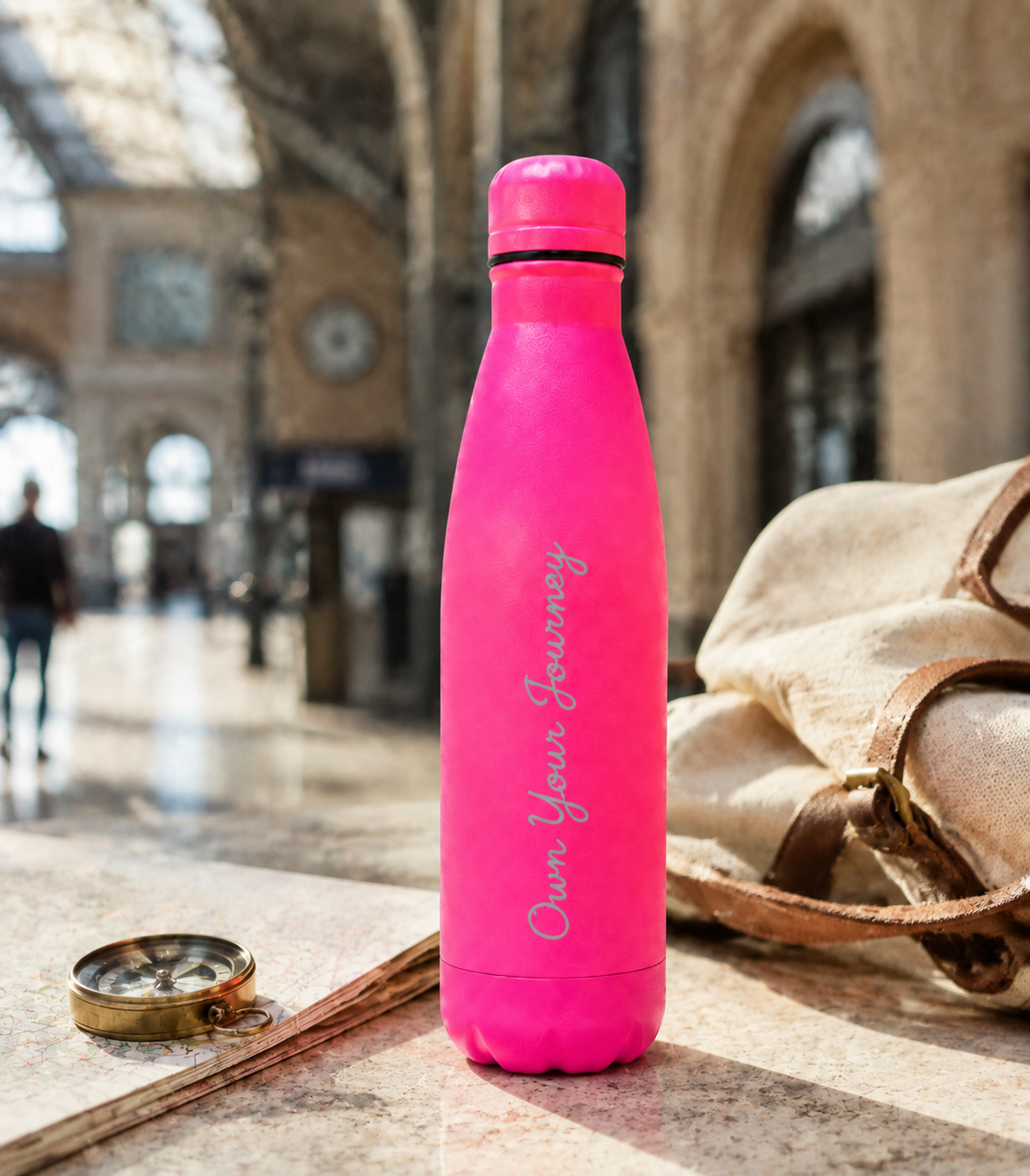 Hot pink personalised stainless steel cola-shaped water bottle engraved “Own Your Journey” at a train station beside a travel bag and map.