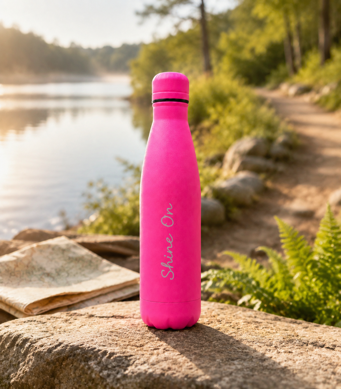 Hot pink personalised stainless steel cola-shaped water bottle engraved “Shine On” beside a lakeside walking trail with a map and woodland scenery.