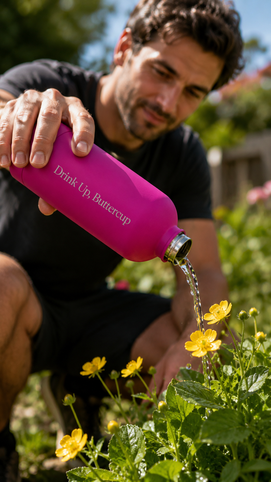 Hot pink personalised stainless steel water bottle engraved “Drink Up, Buttercup” watering yellow flowers in a sunny garden.
