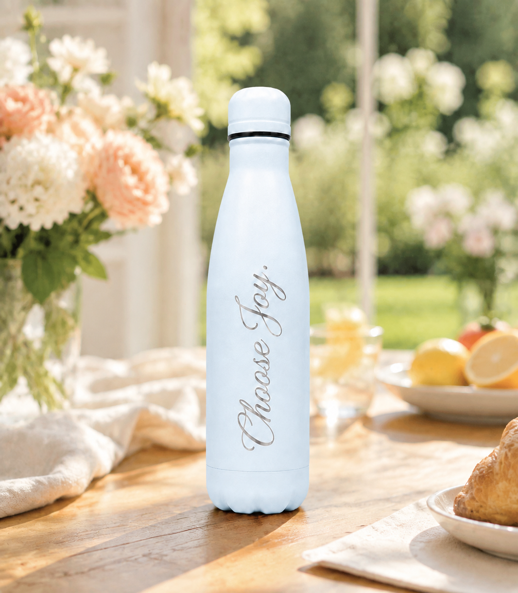 Sky Blue personalised stainless steel water bottle engraved “Chase Joy” on a sunny breakfast table with flowers, fruit and pastries