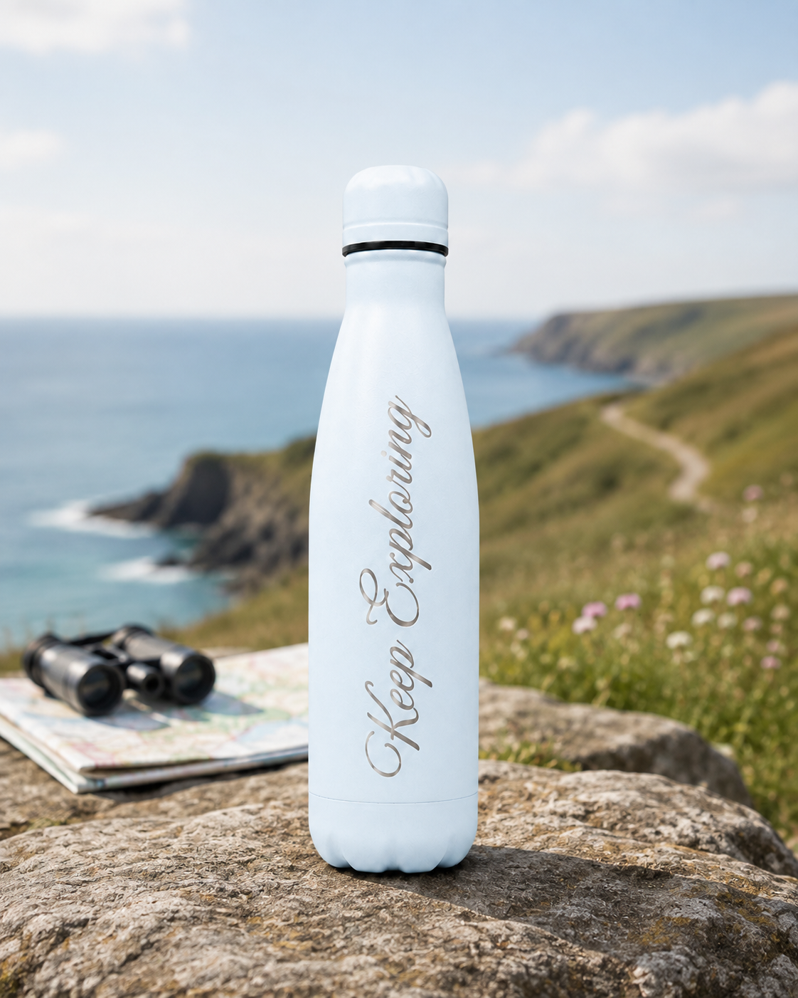 Sky Blue personalised stainless steel water bottle engraved “Keep Exploring” on a coastal walking trail with a map, binoculars and sea views