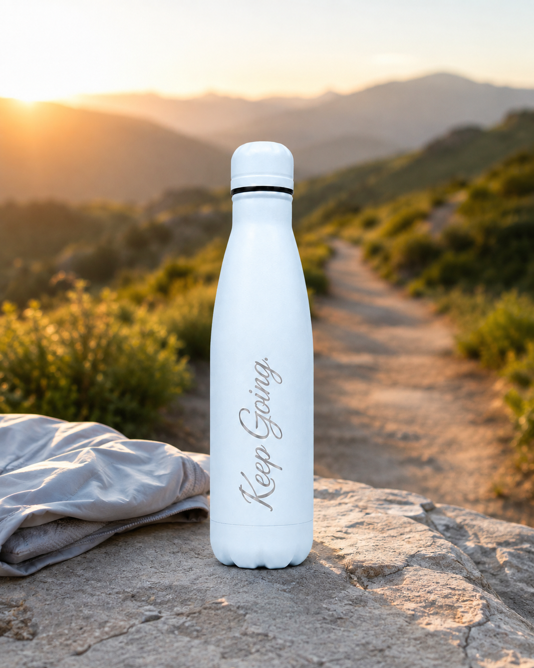 Sky Blue personalised stainless steel water bottle engraved “Keep Going” on a sunrise hiking trail with mountain views