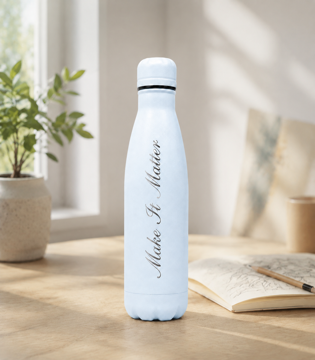Sky Blue personalised stainless steel water bottle engraved “Make It Matter” on a sunlit study desk with an open notebook and pen