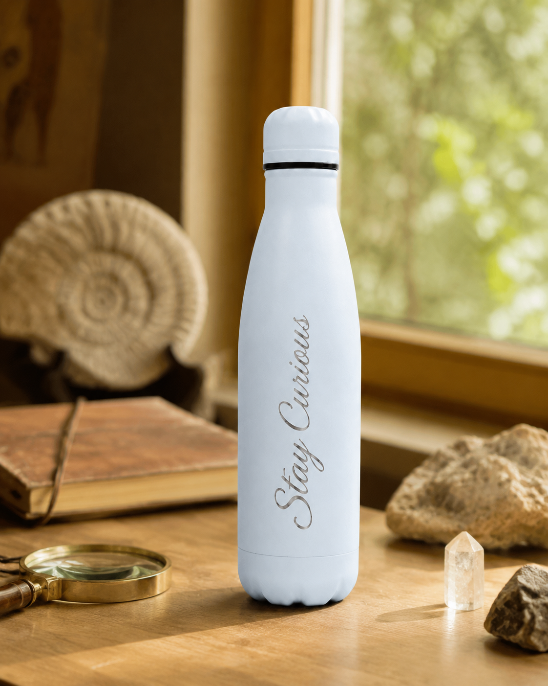 Sky Blue personalised stainless steel water bottle engraved “Stay Curious” on a sunlit desk with crystals, a magnifying glass and vintage books