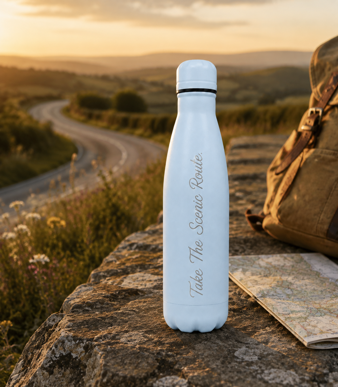 Sky Blue personalised stainless steel water bottle engraved “Take The Scenic Route” beside a map and backpack overlooking a countryside road at sunset
