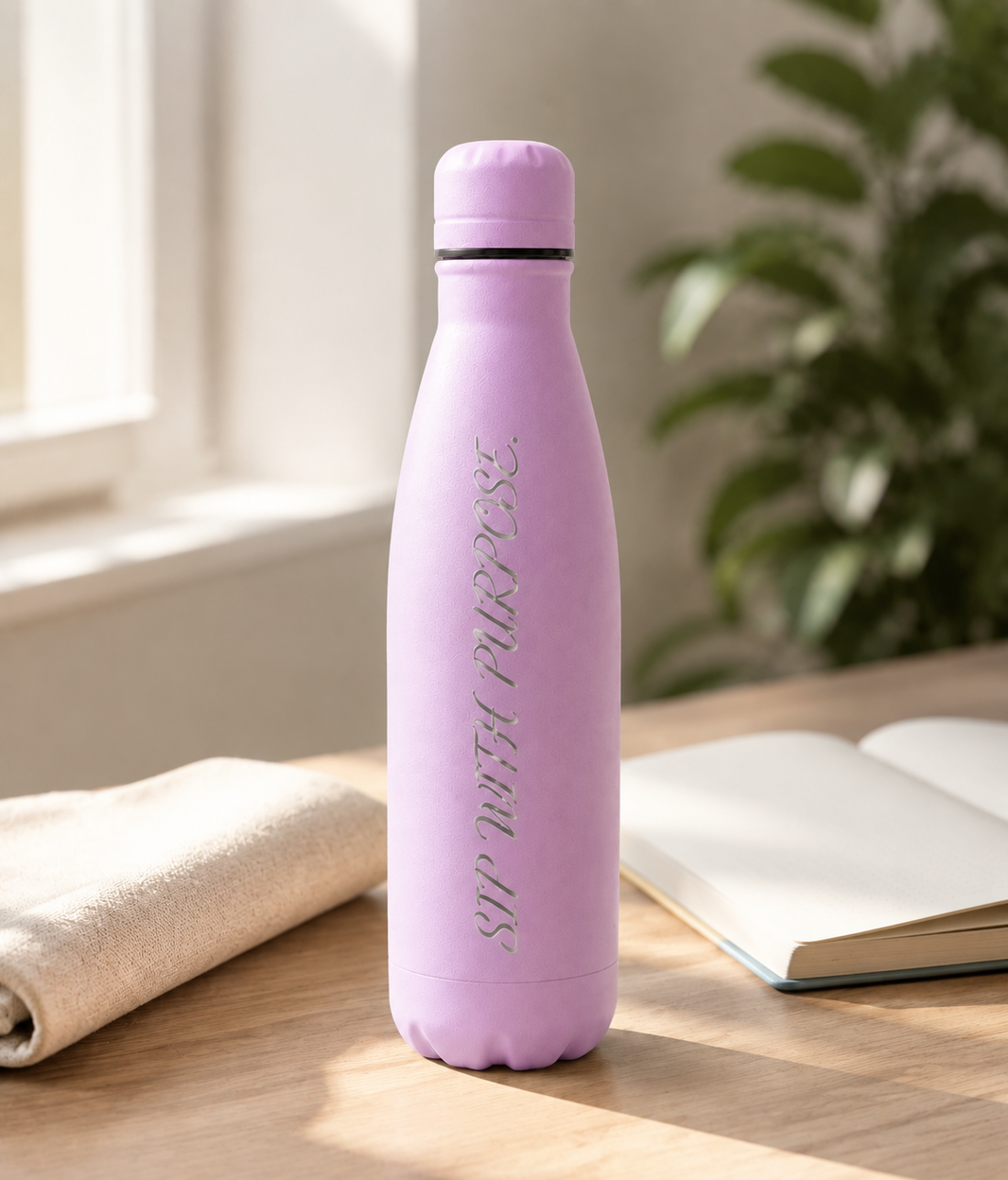 Light pink personalised stainless steel cola-shaped water bottle engraved “Sip With Purpose” on a sunny home desk beside an open notebook.