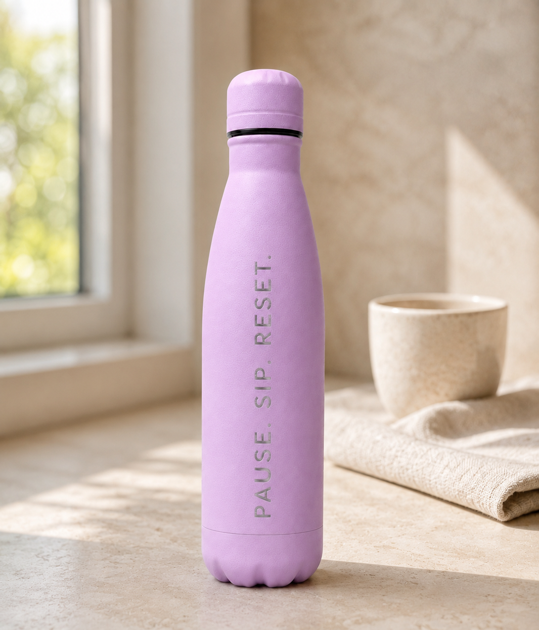 Light purple personalised stainless steel cola-shaped water bottle engraved “Pause, Sip, Reset” on a sunlit home table beside a ceramic cup.