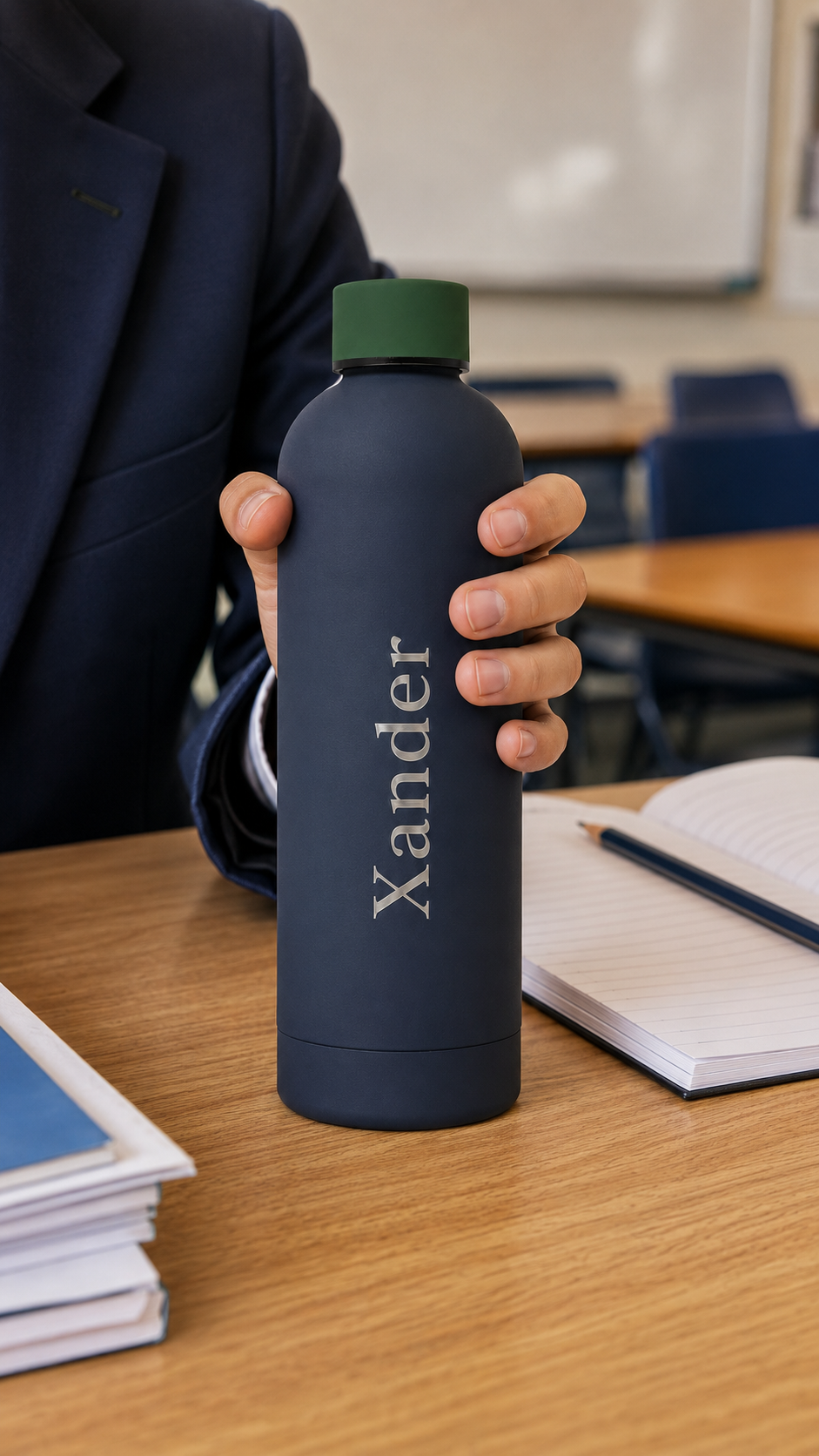 Navy blue personalised stainless steel water bottle with green cap, engraved “Xander”, held at a classroom desk beside schoolbooks.