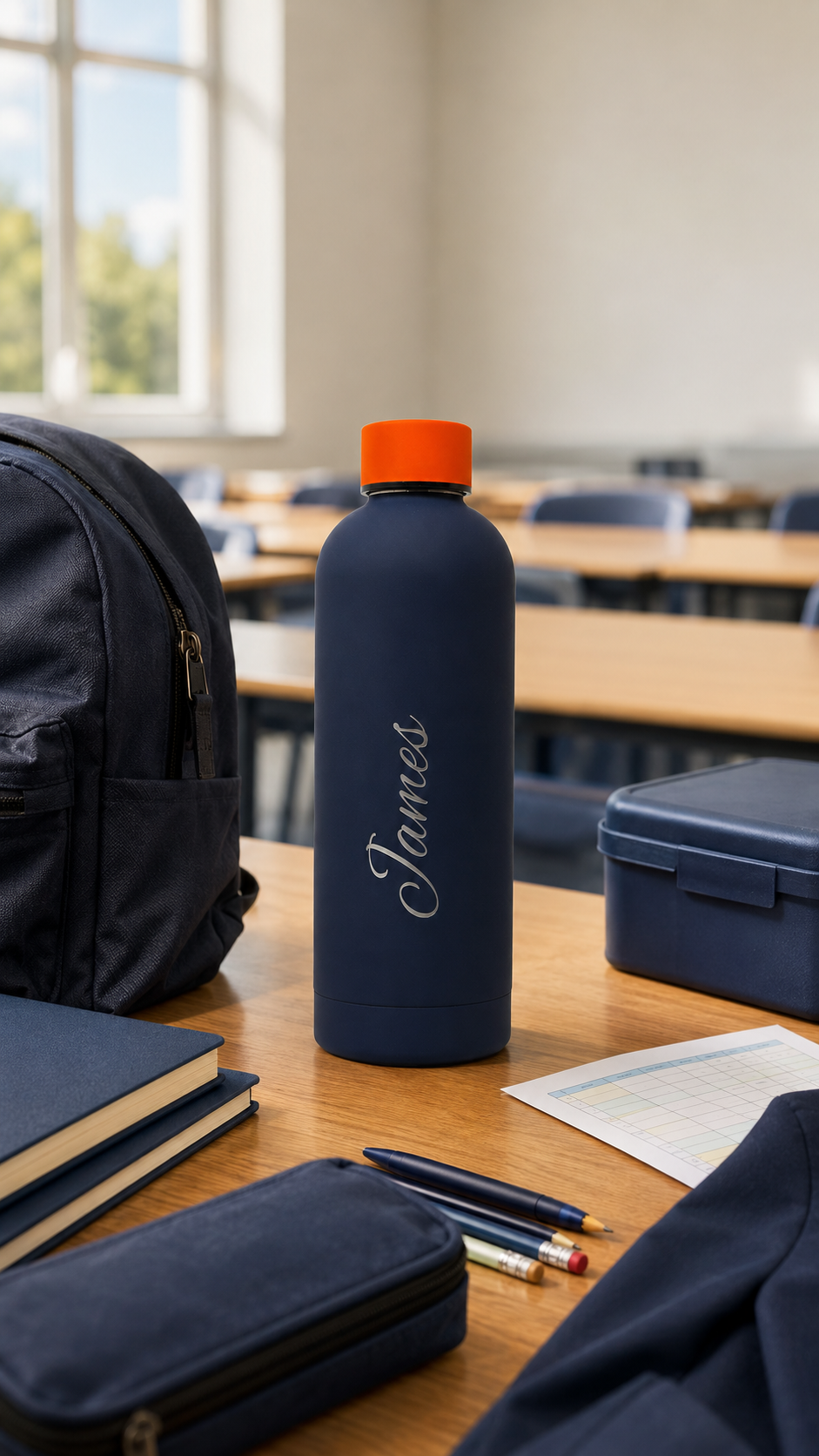 Navy blue personalised stainless steel water bottle with orange cap, engraved “James”, on a classroom desk with school backpack and stationery.