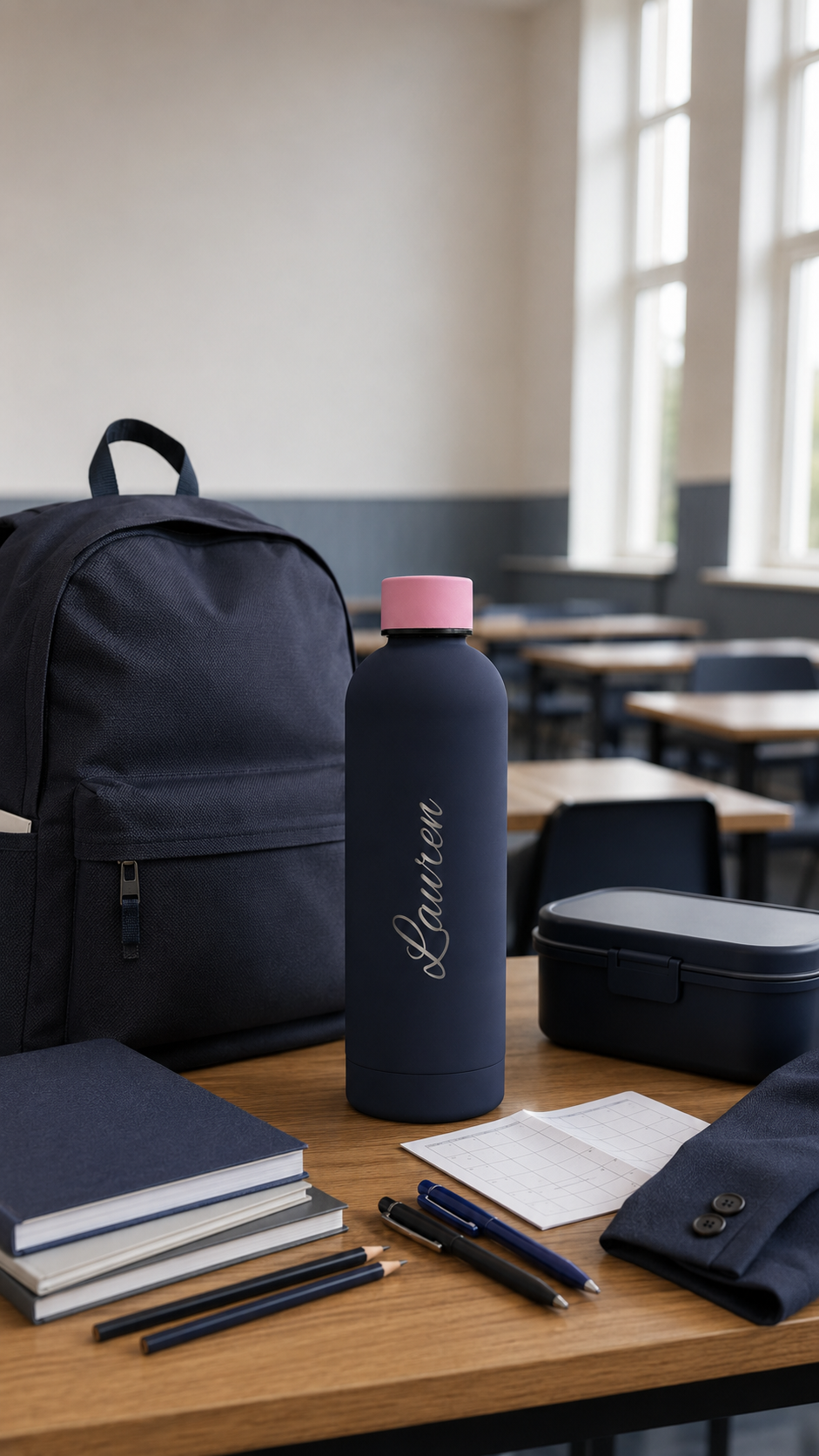 Navy blue personalised stainless steel water bottle with pink cap, engraved “Lauren”, on a classroom desk with backpack and stationery.