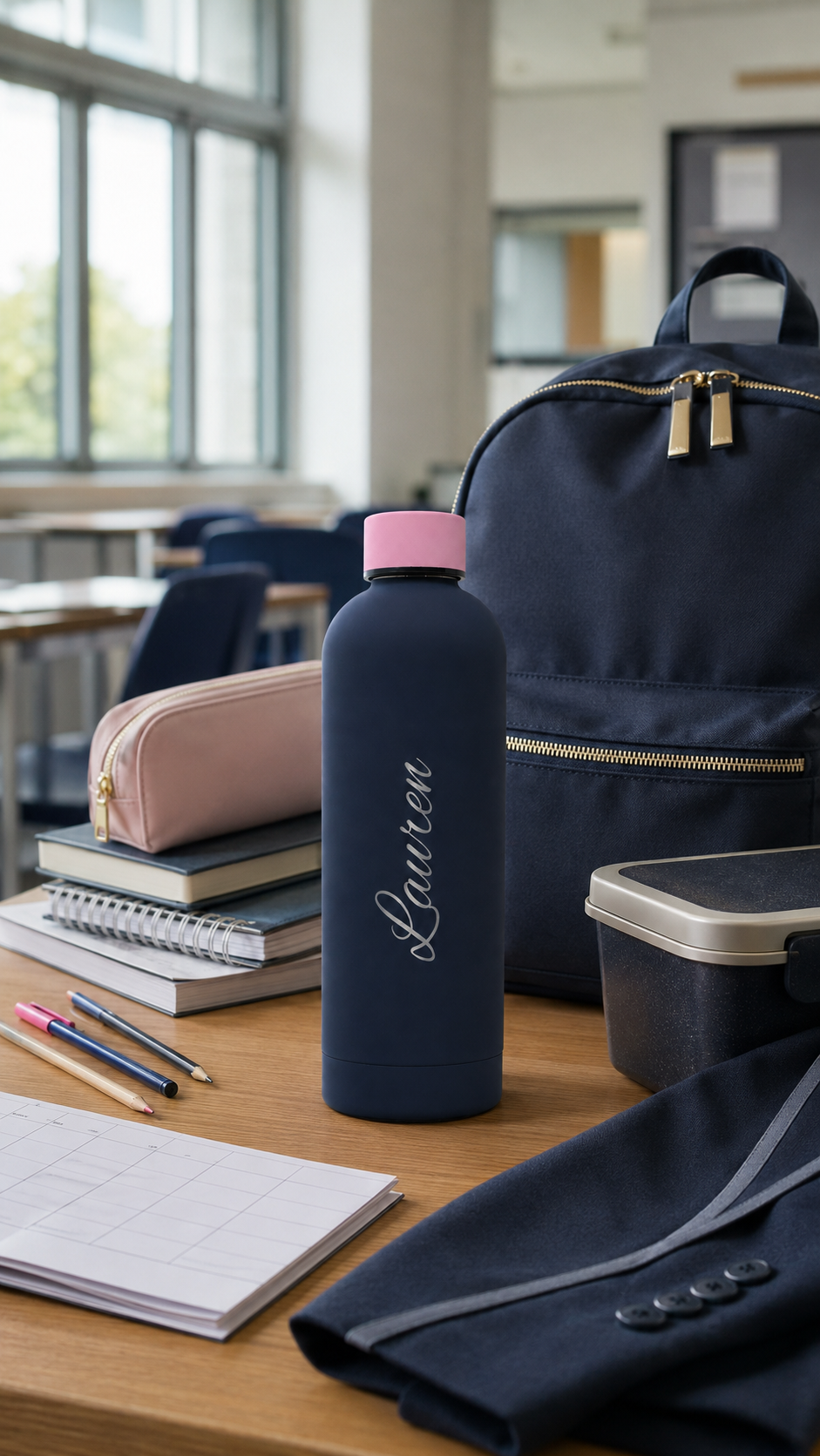 Navy blue personalised stainless steel water bottle with pink cap, engraved “Lauren”, on a school classroom desk with backpack, lunch box and stationery.