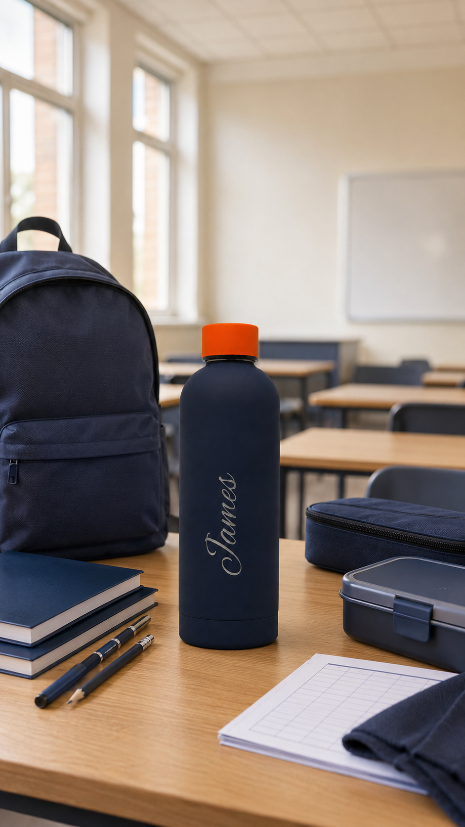 Navy blue personalised stainless steel water bottle with orange cap, engraved “James”, on a classroom desk with backpack, lunch box and stationery.
