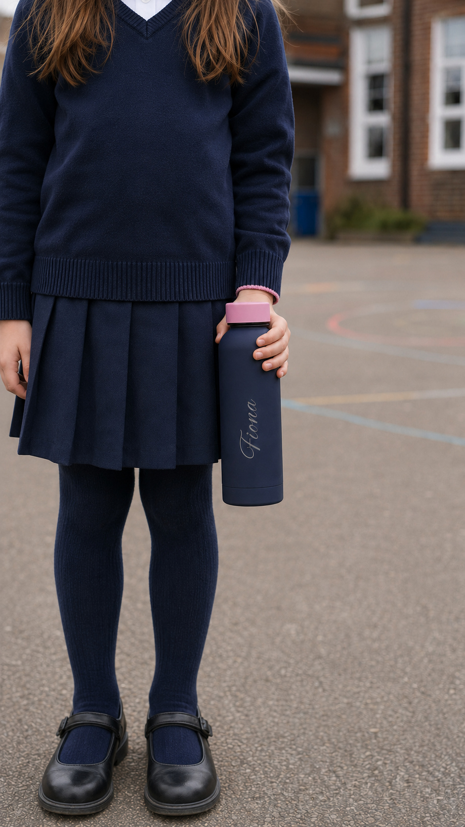 Navy blue personalised stainless steel water bottle with pink lid held by a schoolgirl in uniform outside school.