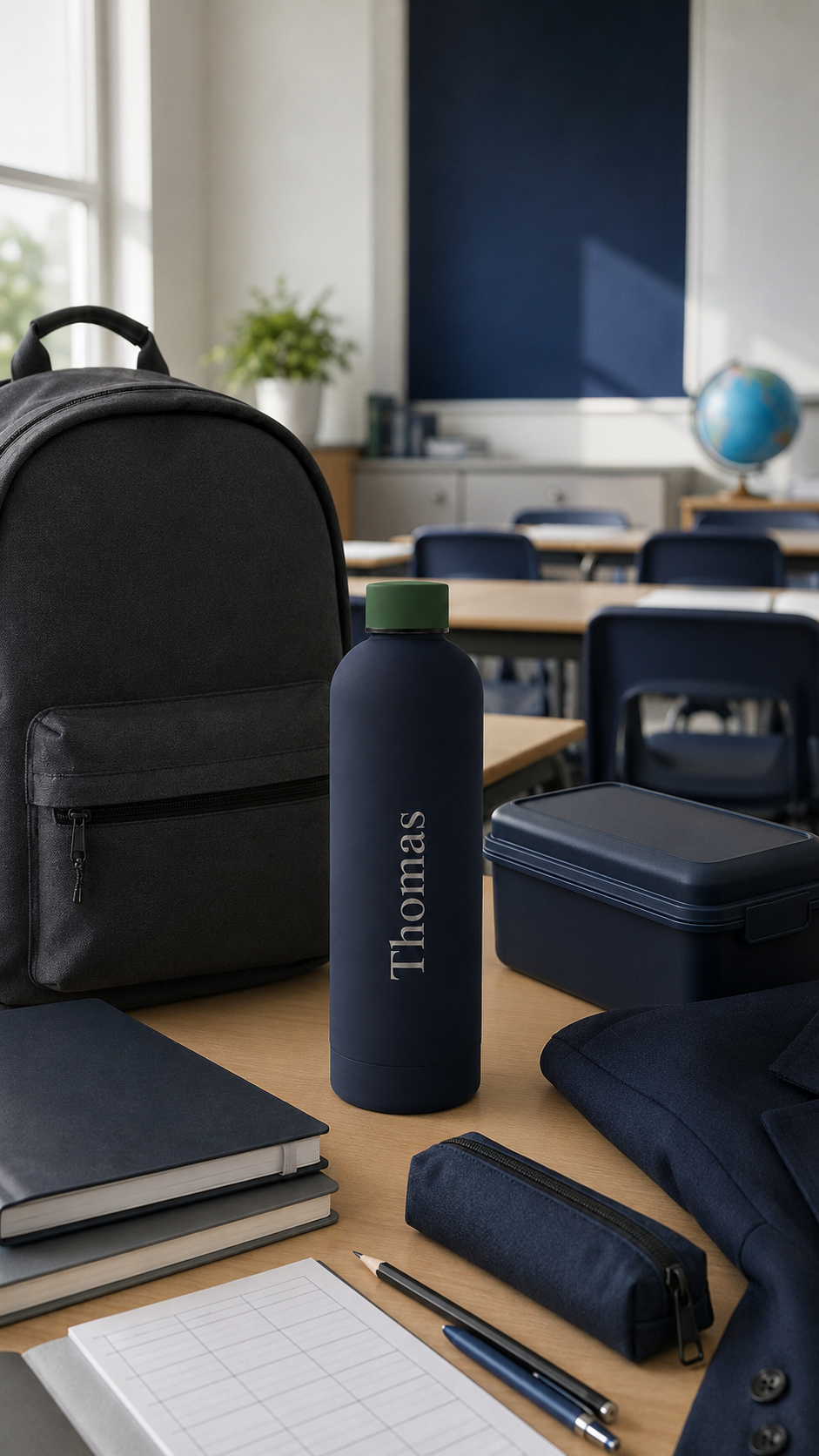 Navy blue personalised stainless steel water bottle with green cap, engraved “Thomas”, on a classroom desk with school backpack, lunch box and stationery.