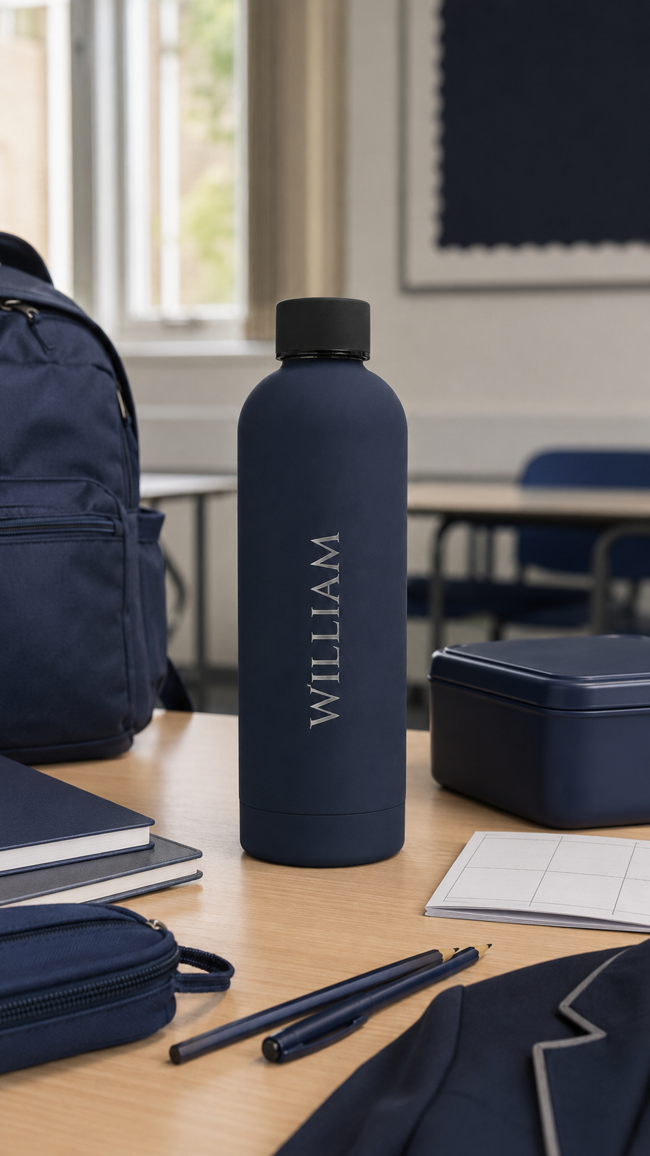 Navy blue personalised stainless steel water bottle engraved with “William” on a classroom desk with school stationery.