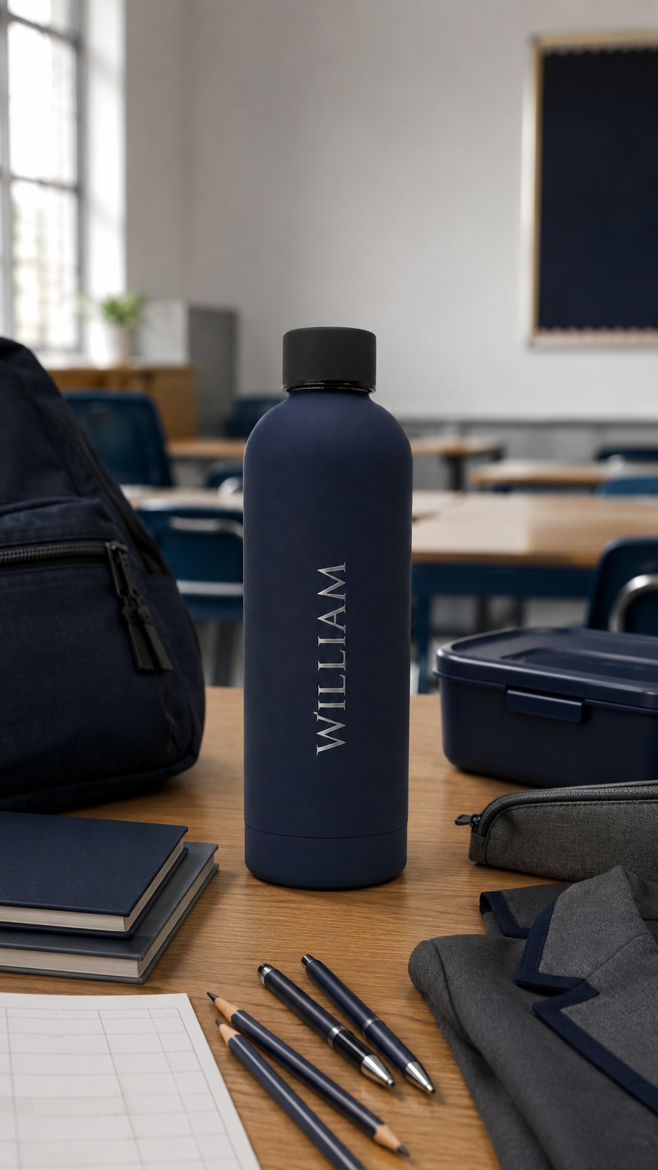 Navy blue personalised stainless steel water bottle engraved with “William” on a classroom desk with backpack, lunch box and school stationery.