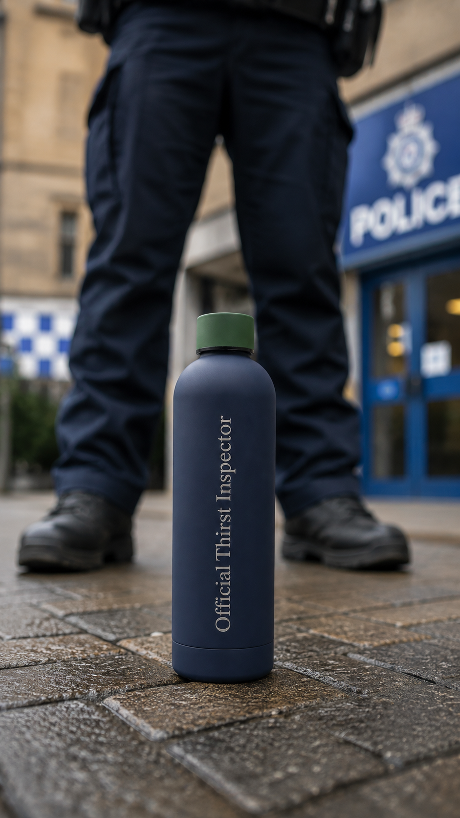 Navy blue personalised stainless steel water bottle with green lid engraved “Official Thirst Inspector” outside a police station.