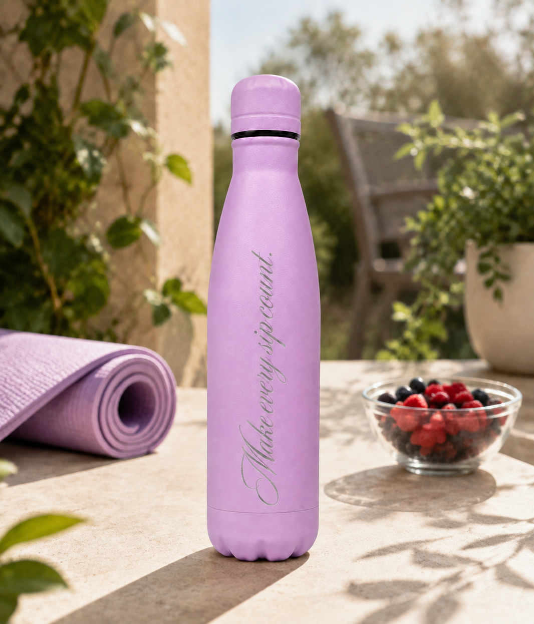 Purple personalised stainless steel cola-shaped water bottle engraved “Make Every Sip Count” beside a yoga mat and fresh berries in a sunny garden..