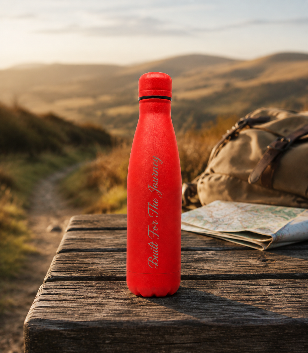 Red personalised stainless steel water bottle engraved “Built For The Journey” on a hiking trail table with a map, backpack and mountain views