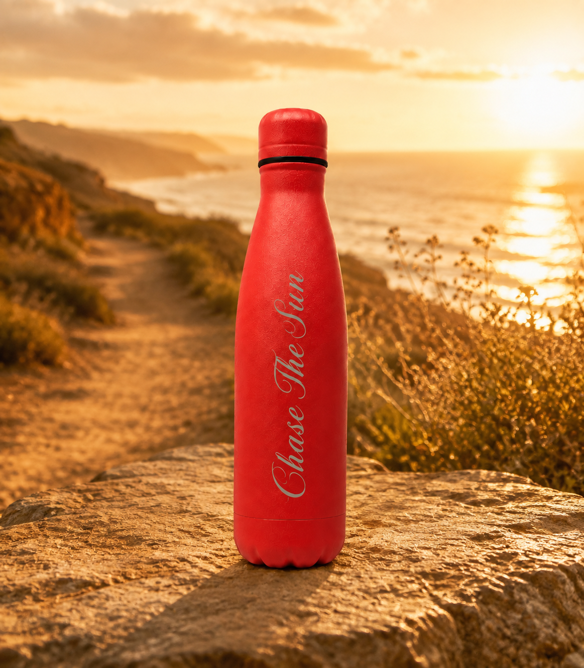 Red personalised stainless steel water bottle engraved “Chase The Sun” on a coastal hiking trail at sunset