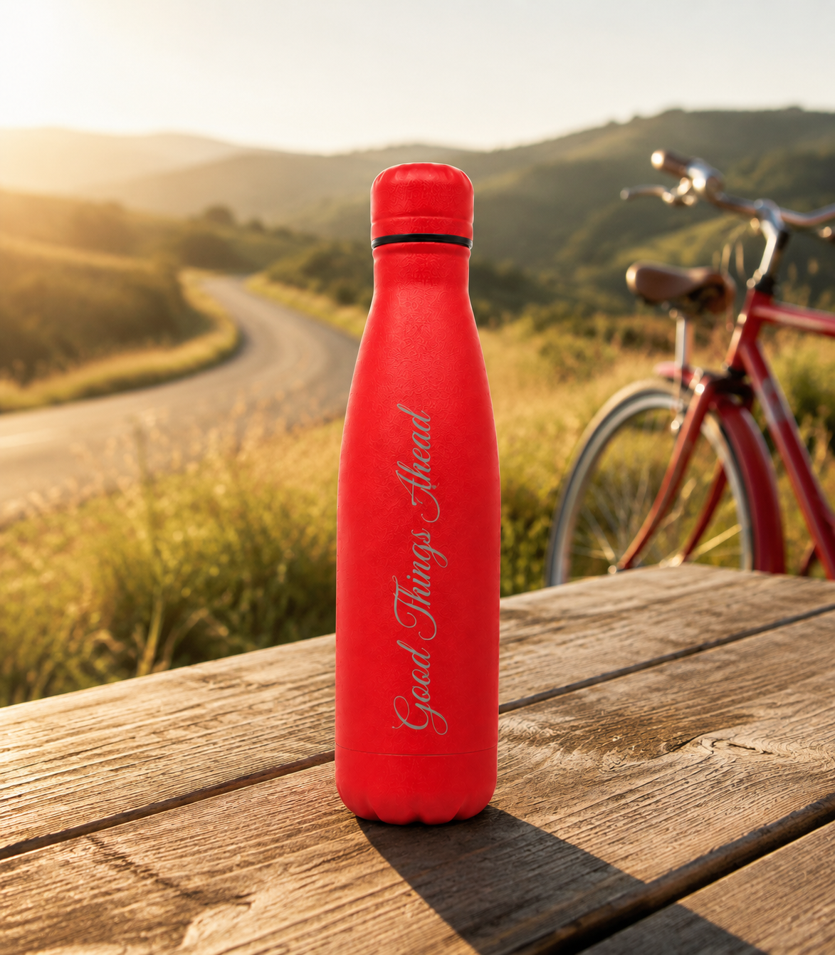 Red personalised stainless steel water bottle engraved “Good Things Ahead” on a wooden table beside a bicycle and sunlit country road