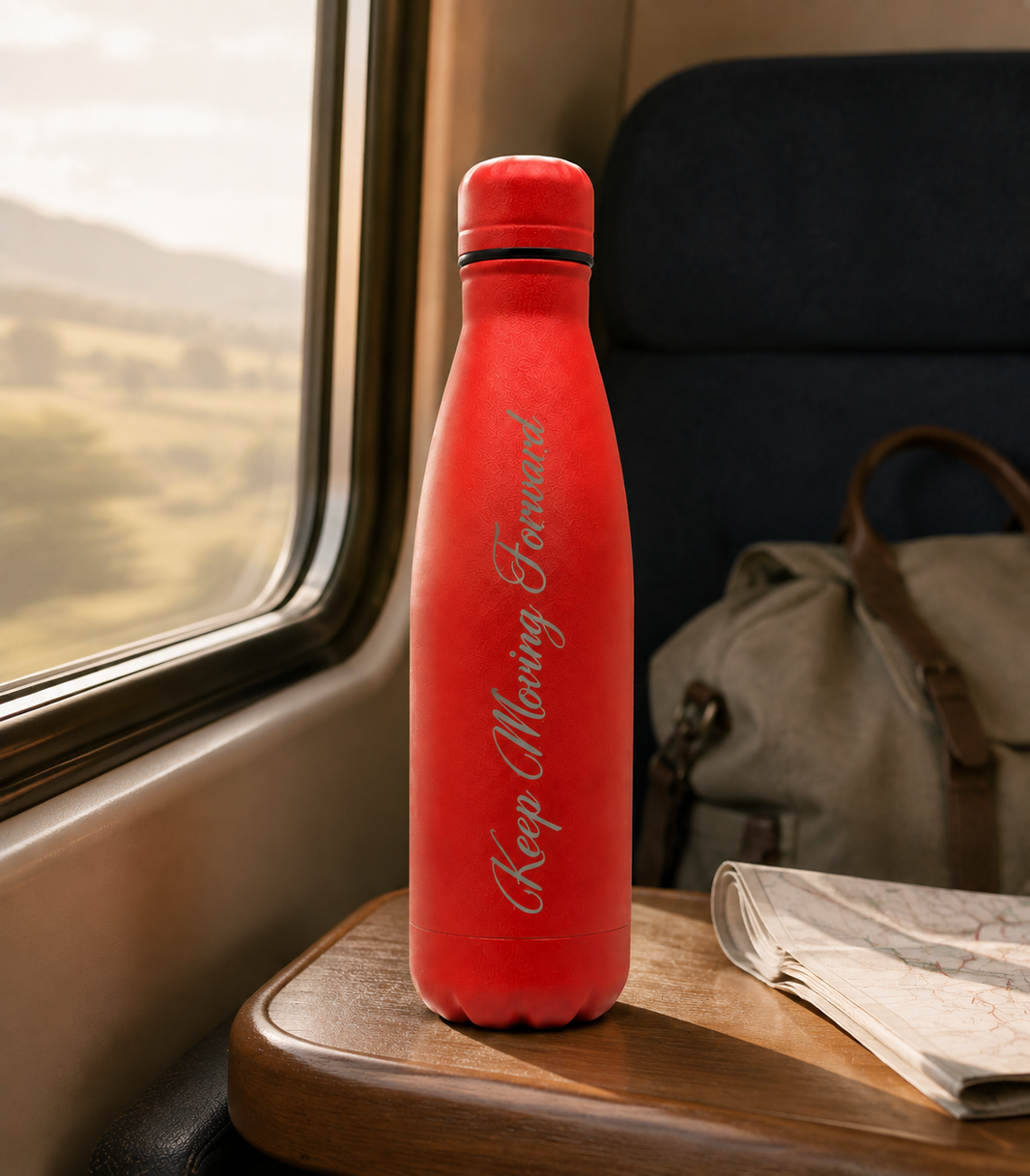 Red personalised stainless steel water bottle engraved “Keep Moving Forward” on a train table beside a map and travel bag