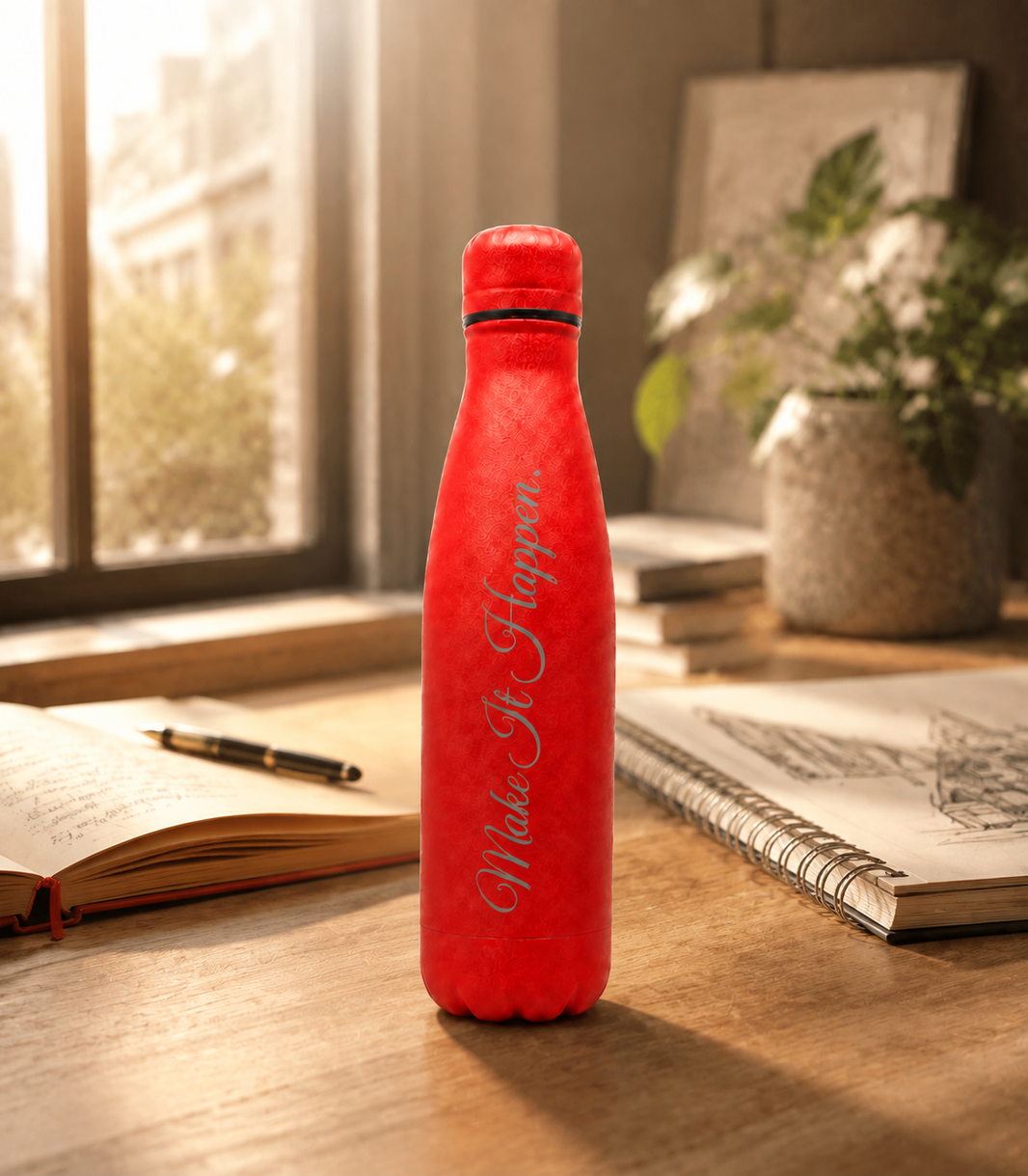 Red personalised stainless steel water bottle engraved “Make It Happen” on a sunlit creative desk with notebooks, sketches and a pen