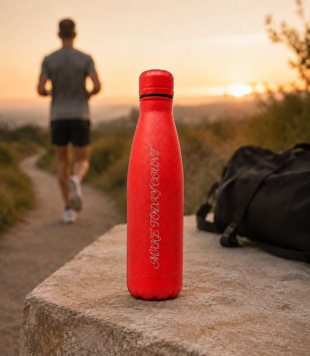 Red personalised stainless steel water bottle engraved “Make Today Count” beside a backpack on a sunrise running trail