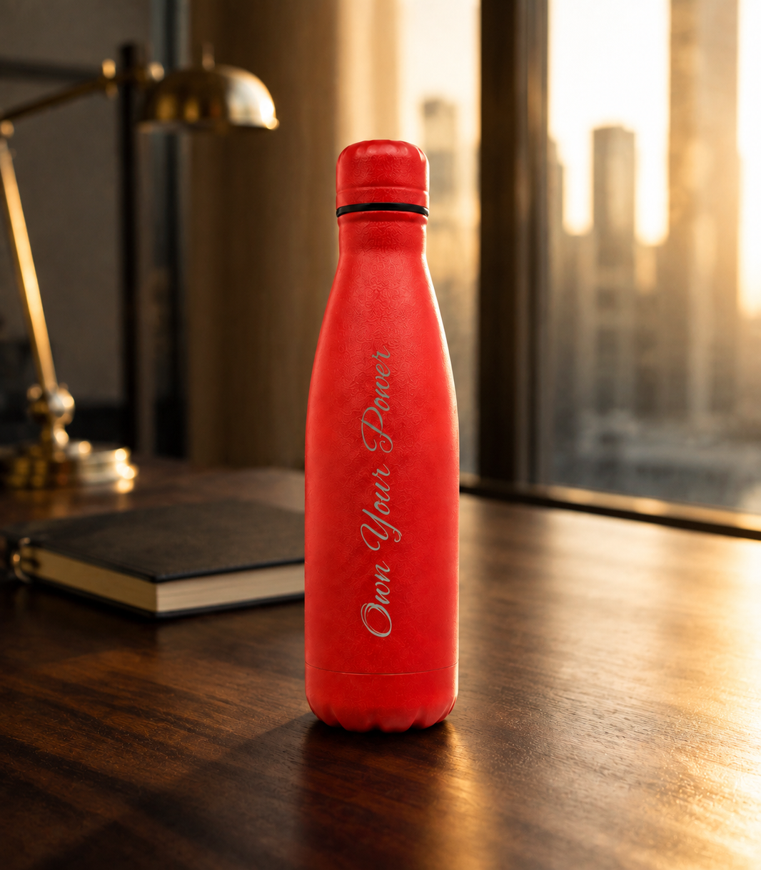 Red personalised stainless steel water bottle engraved “Own Your Power” on a city office desk at sunset
