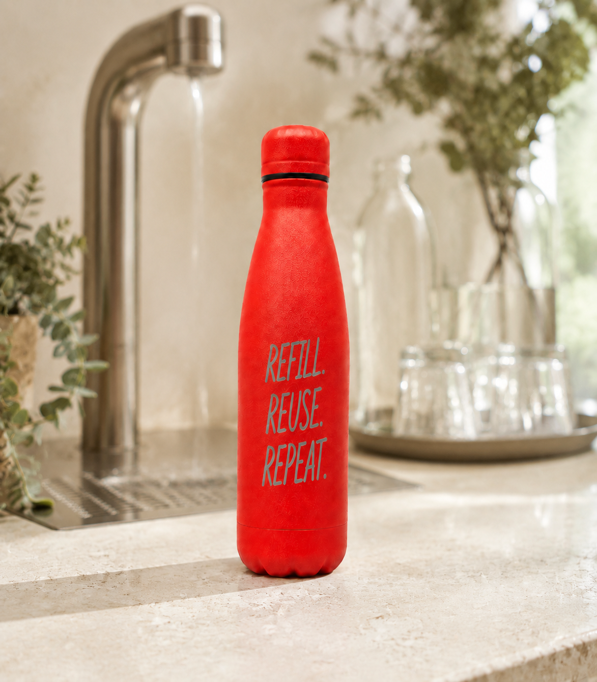 Red personalised stainless steel water bottle engraved “Refill. Reuse. Repeat.” on a kitchen counter beside a running tap and glass bottles