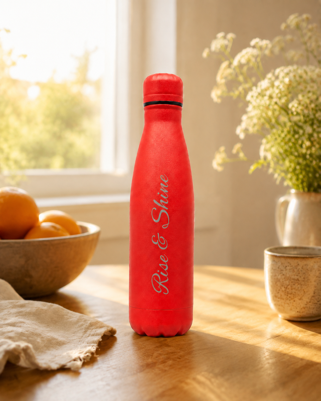 Red personalised stainless steel water bottle engraved “Rise & Shine” on a sunny kitchen table with oranges, coffee and flowers