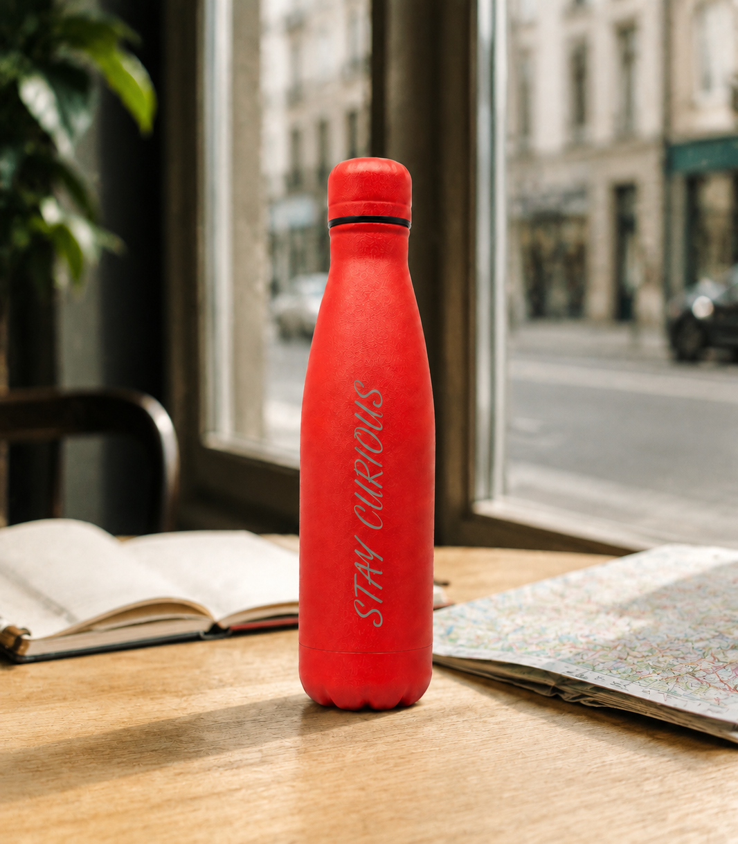 Red personalised stainless steel water bottle engraved “Stay Curious” beside a travel journal and map in a city café