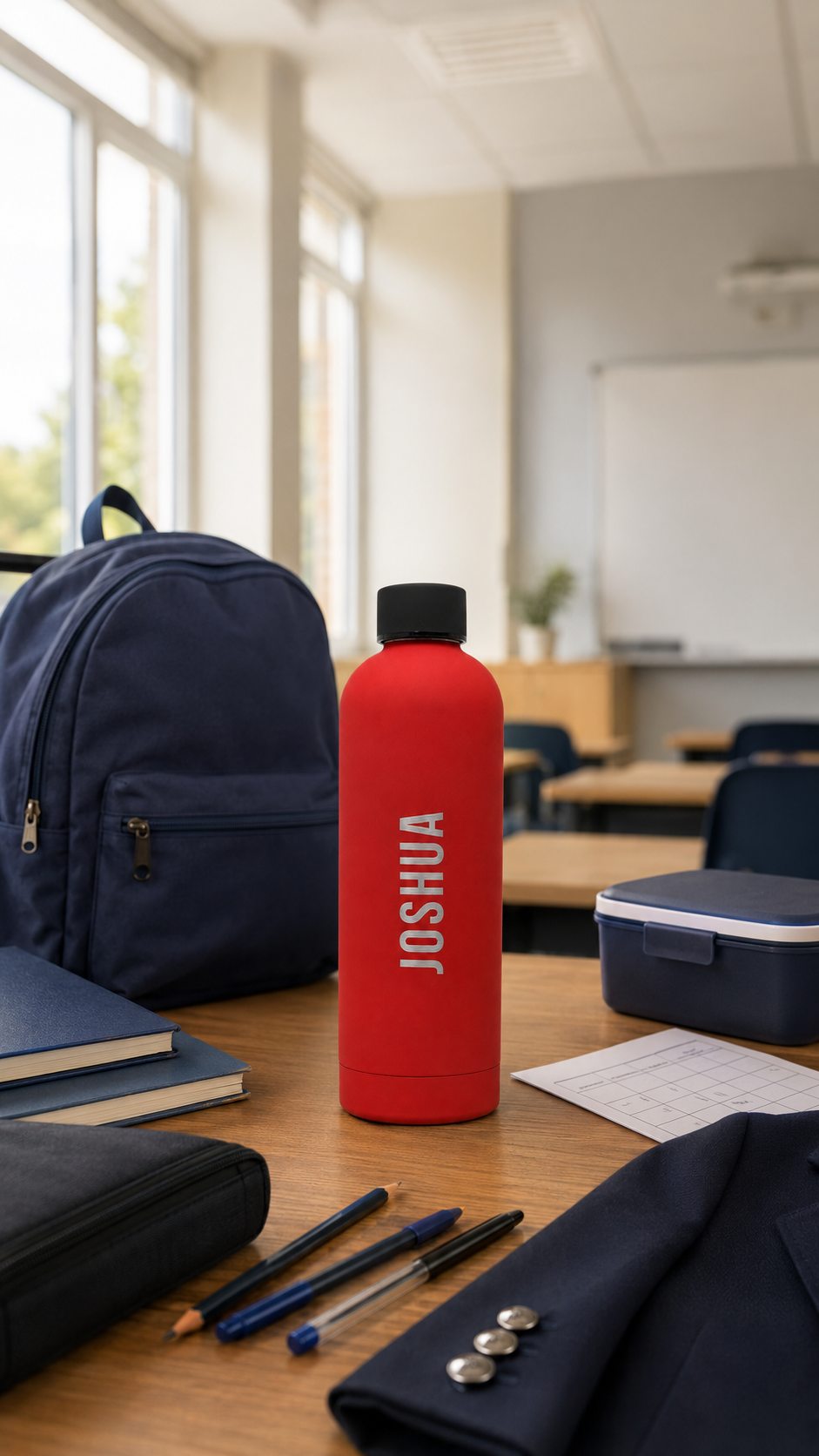 Red personalised stainless steel water bottle engraved with “JOSHUA” on a classroom desk beside a school backpack and stationery.