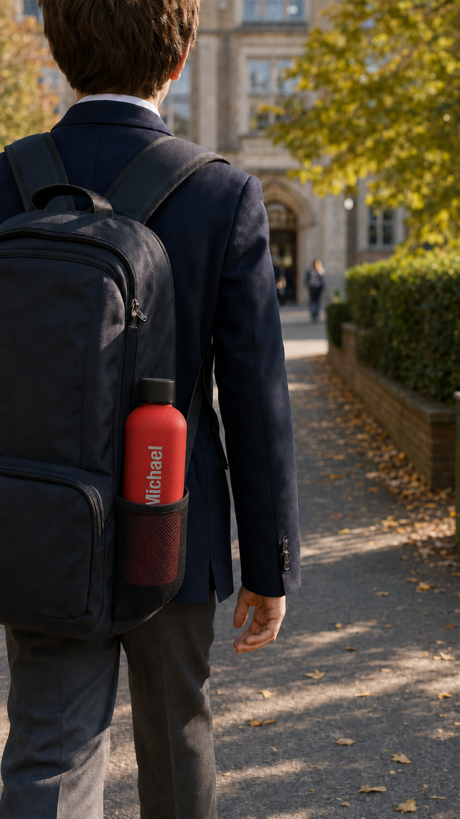 Red personalised stainless steel water bottle engraved with “Michael” in a school backpack as a student walks to school.