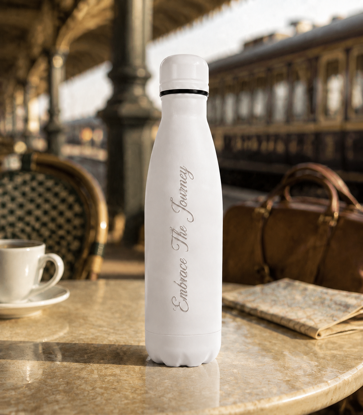 White 500ml personalised stainless steel water bottle engraved “Embrace The Journey” on a café table with coffee, map and travel bag | Willys Bottles
