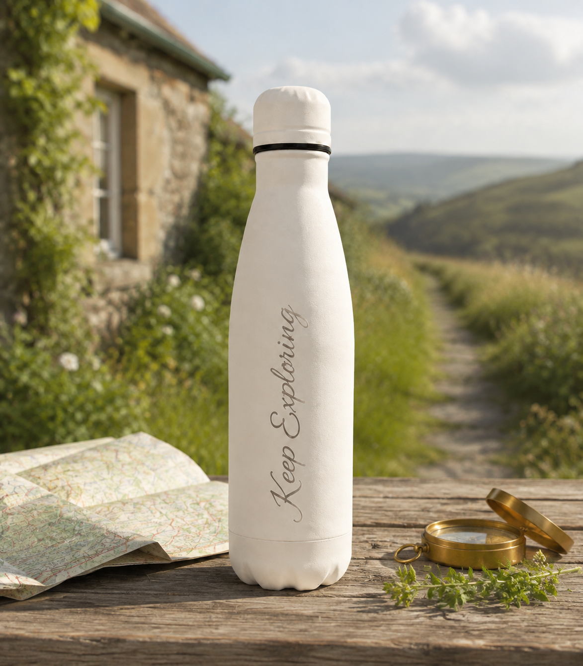 White 500ml personalised stainless steel water bottle engraved “Keep Exploring” on a country walk with map and compass | Willys Bottles