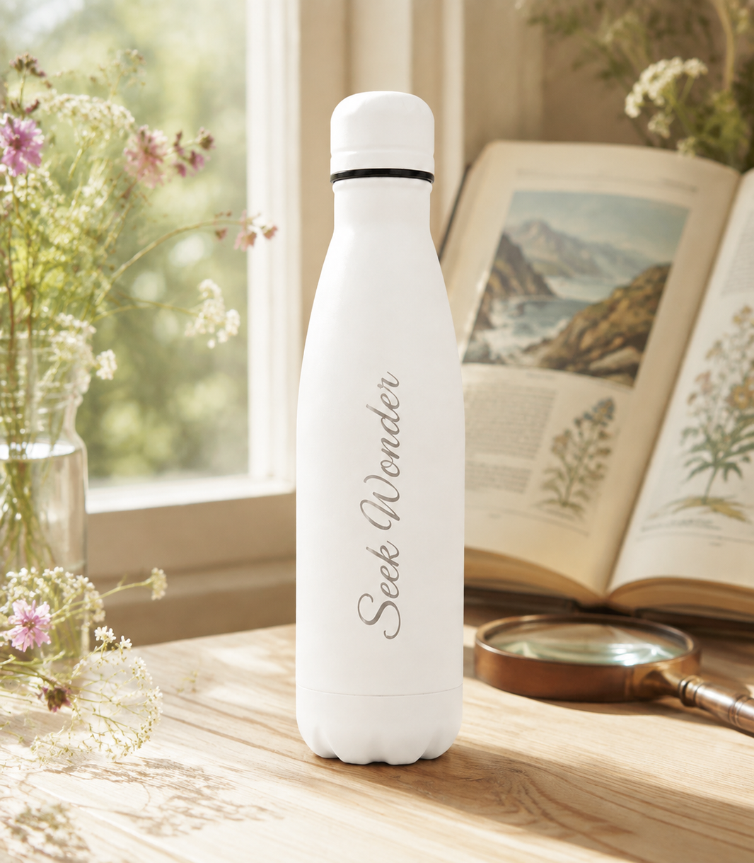 White 500ml personalised stainless steel water bottle engraved “Seek Wonder” in a sunlit reading nook with wildflowers and an open book | Willys Bottles