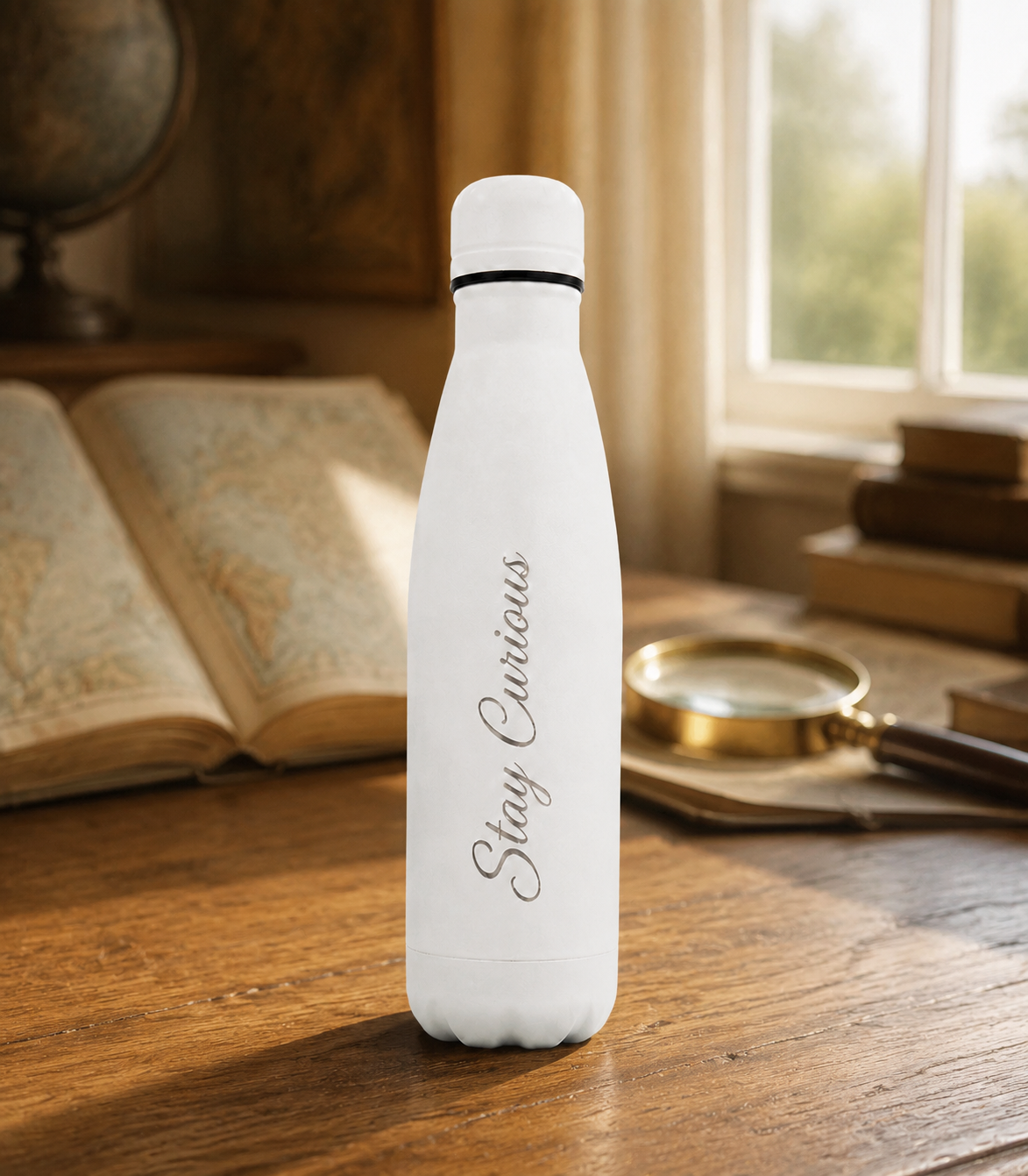 White 500ml personalised stainless steel water bottle engraved “Stay Curious” on a study desk with map, books and magnifying glass | Willys Bottles