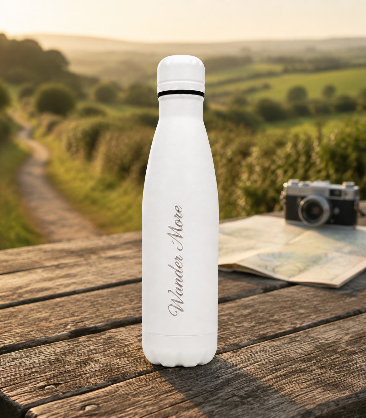 White 500ml personalised stainless steel water bottle engraved “Wander More” on a country walk with map and camera | Willys Bottles