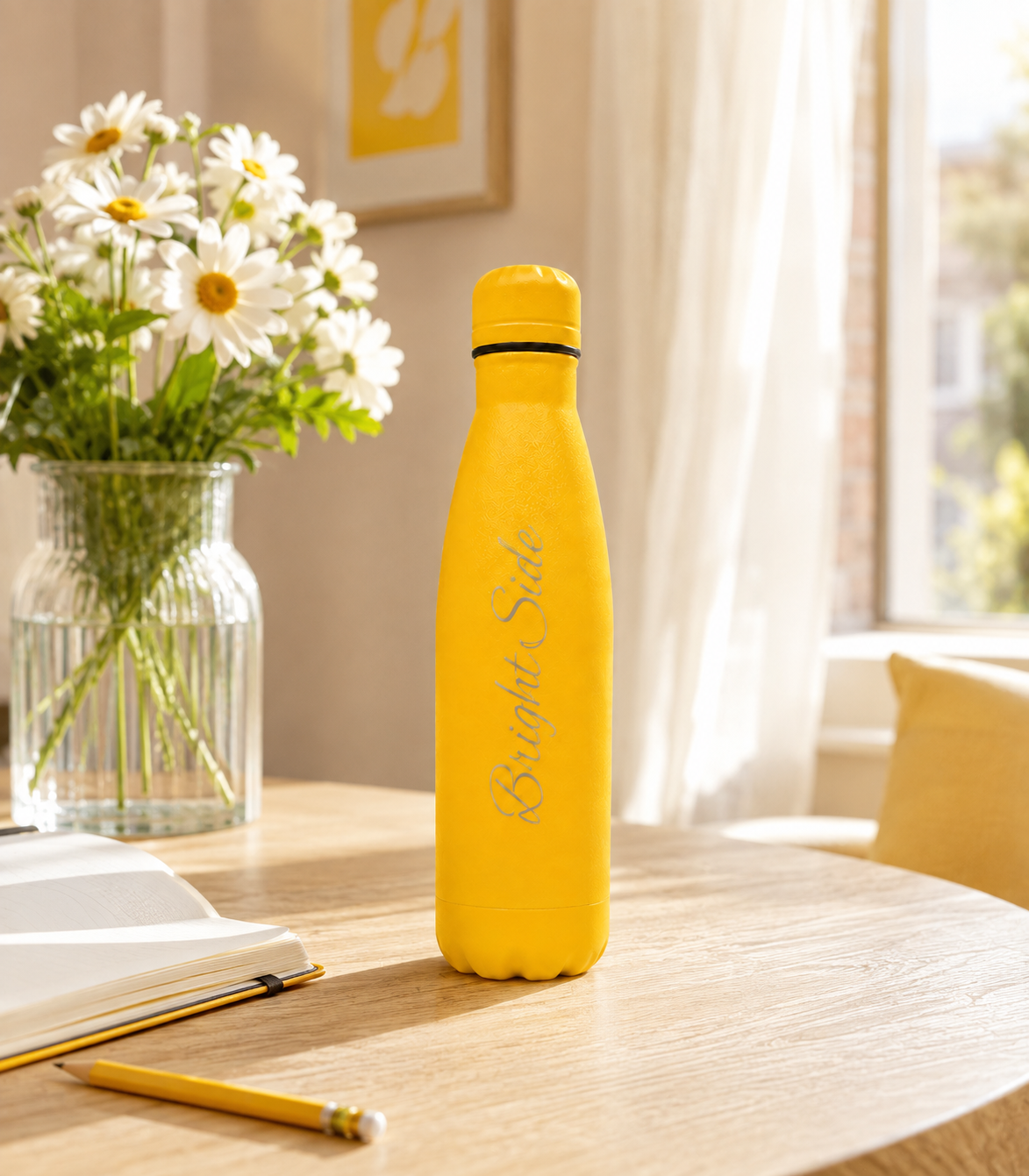 Yellow 500ml personalised stainless steel water bottle engraved “Bright Side” on a sunny home desk with daisies and notebook | Willys Bottles