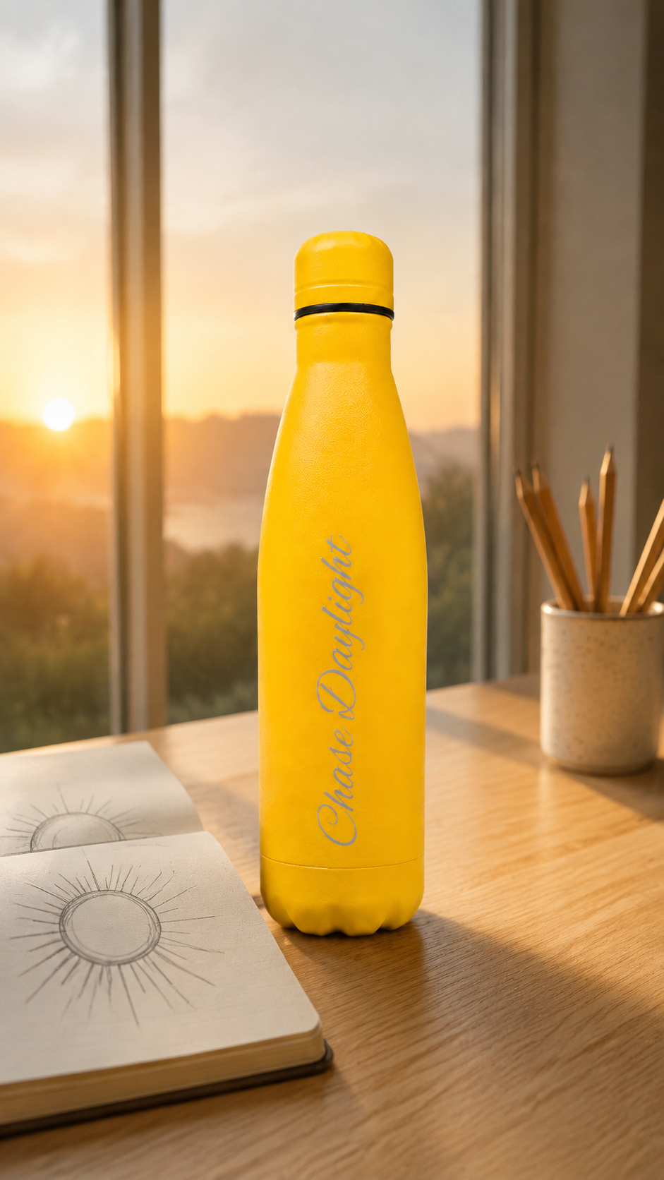 Yellow 500ml personalised stainless steel water bottle engraved “Chase Daylight” on a sunrise desk with sketchbook and pencils | Willys Bottles